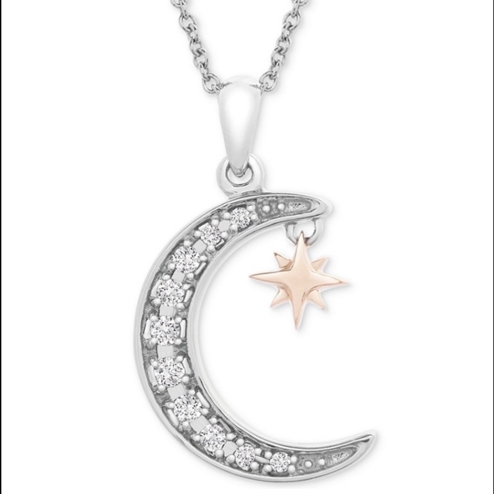 Crescent Moon and Star Pendant Necklace - Silver with Rose Gold Star
